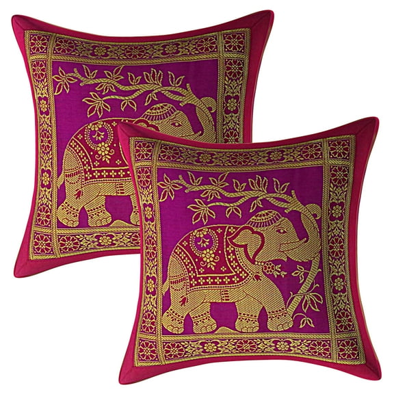 Stylo Culture Ethnic Elephant Floral Sofa Brocade Purple And Gold Decorative Throw Pillow Covers 12x12 Jacquard Weave Banarsi Bohemian Pillow Covers Couch 30x30 cm Cushion Covers (Set Of 2)