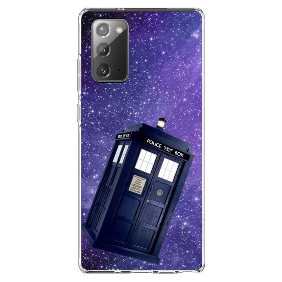 DistinctInk Clear Shockproof Hybrid Case for Samsung Galaxy Note 20 (6.7" Screen) - TPU Bumper, Acrylic Back, Tempered Glass Screen Protector - TARDIS Floating in Space