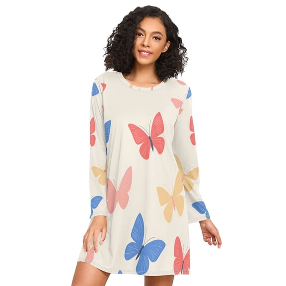 FORMRS Womens Long Sleeve Nightgowns Crew Neck Sleep Shirt Soft Pajamas Sizes S-3XL, Red Butterflies