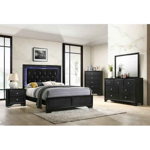 Anibal Black LED Upholstered Panel Bedroom Set Special King 3 Piece: Bed, Dresser, Mirror