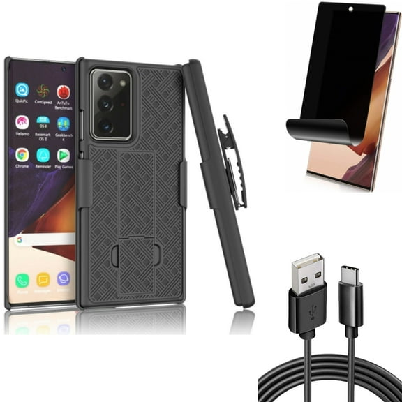 Case Belt Clip & Privacy Screen Protector & 6ft USB Cable for Samsung Galaxy Note 20 Ultra (6.9") - Combo with Holster Swivel & TPU Film Anti-Peep & Type-C Charger Cord