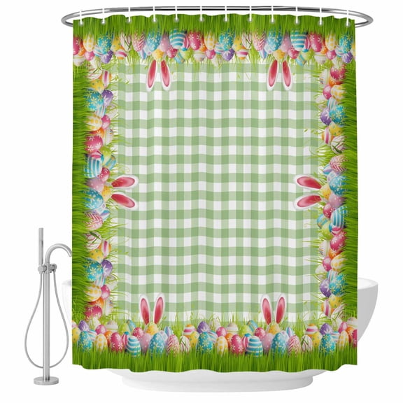 Easter Shower Curtain, Waterproof Shower Curtains for Bathroom, Rabbit Ears Colorful Eggs Green White Buffalo Plaid Washable Fabric Bathtub Curtain Set Bath Decor with 12 Hooks Extra Long 72"x96"
