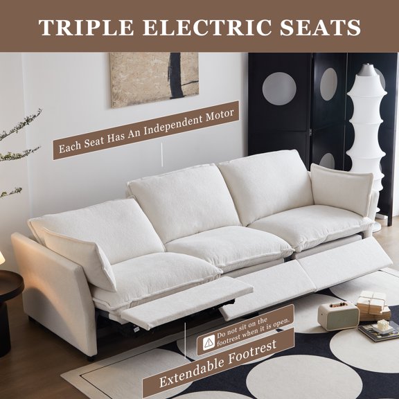 White Electric Power Reclining Sofa, Pillow-Style Armrests, Individually Adjustable For Each Seat, Electric Recliner Sofa With USB Charging, Comfortable for Home