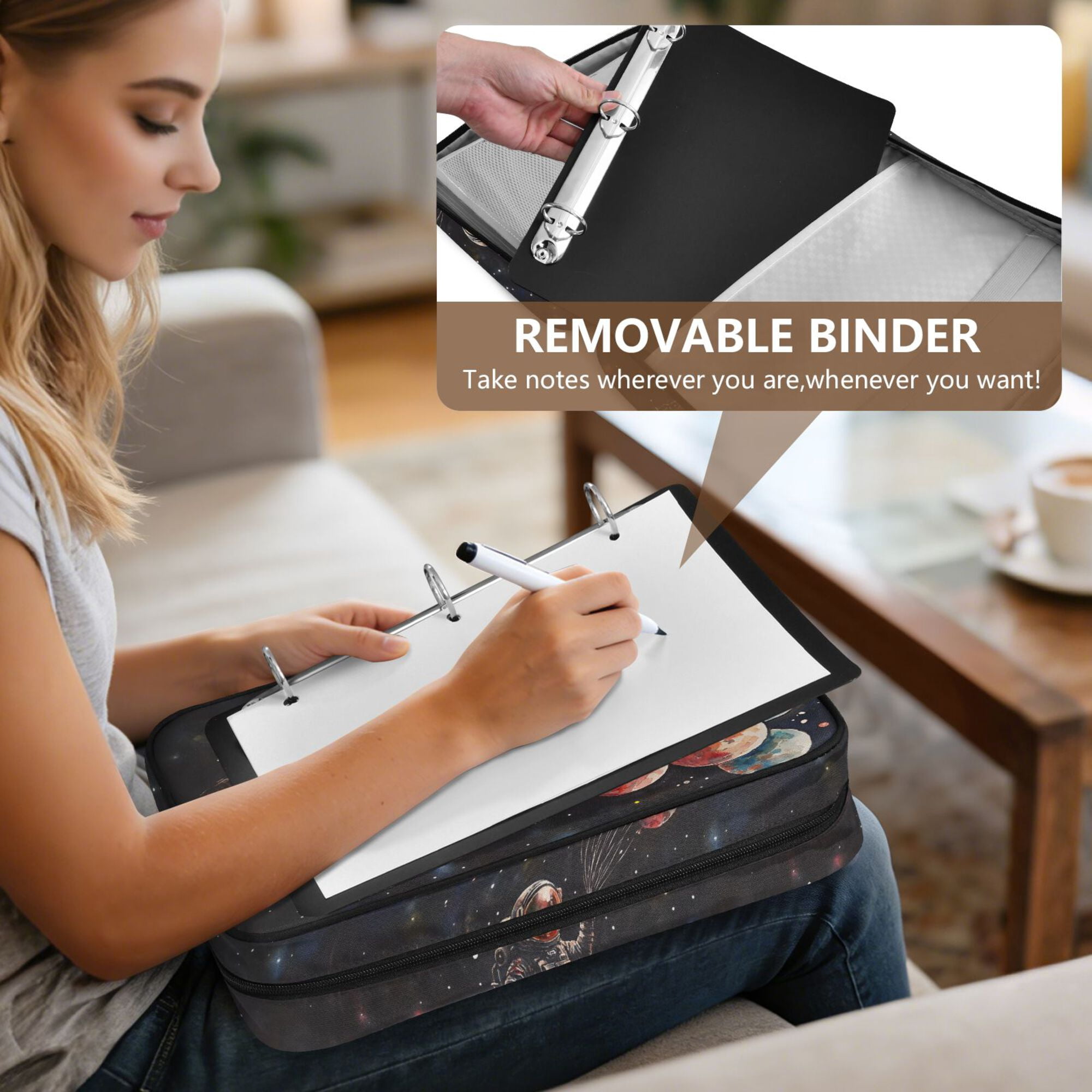 FORMRS Accordion File Folder A4 Size 7-Pocket Expanding Document Organizer Bag with 3 Ring Binder, Black Watercolor Space