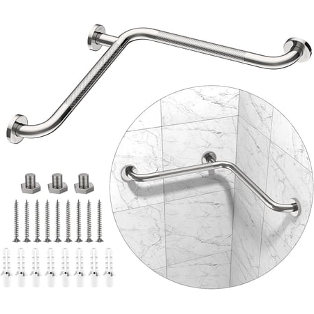 Angled Shower Grab Bar, Anti Slip Chrome Bathroom Grab Bar, L-Shaped Knurled Balance Bar, Safety Hand Rail Support Handicap Elderly Injury Senior Assist Bath Handle