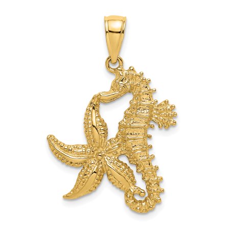 14k Yellow Gold Seahorse and Starfish Pendant for Women or Unisex, Nautical Ocean Charm, Marine Life Jewelry, Beach Style Sea Animal Design