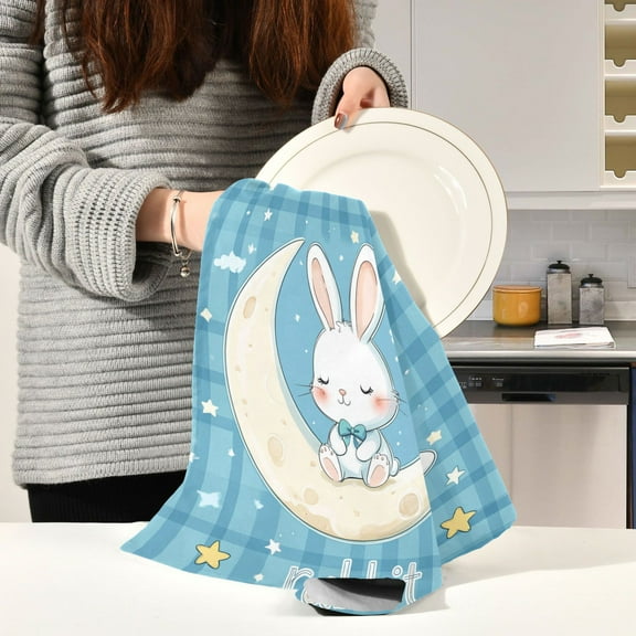 BZSMCE Kitchen Towels Creative Rabbit Sleeping on The Moon Pattern Durable Kitchen Towel