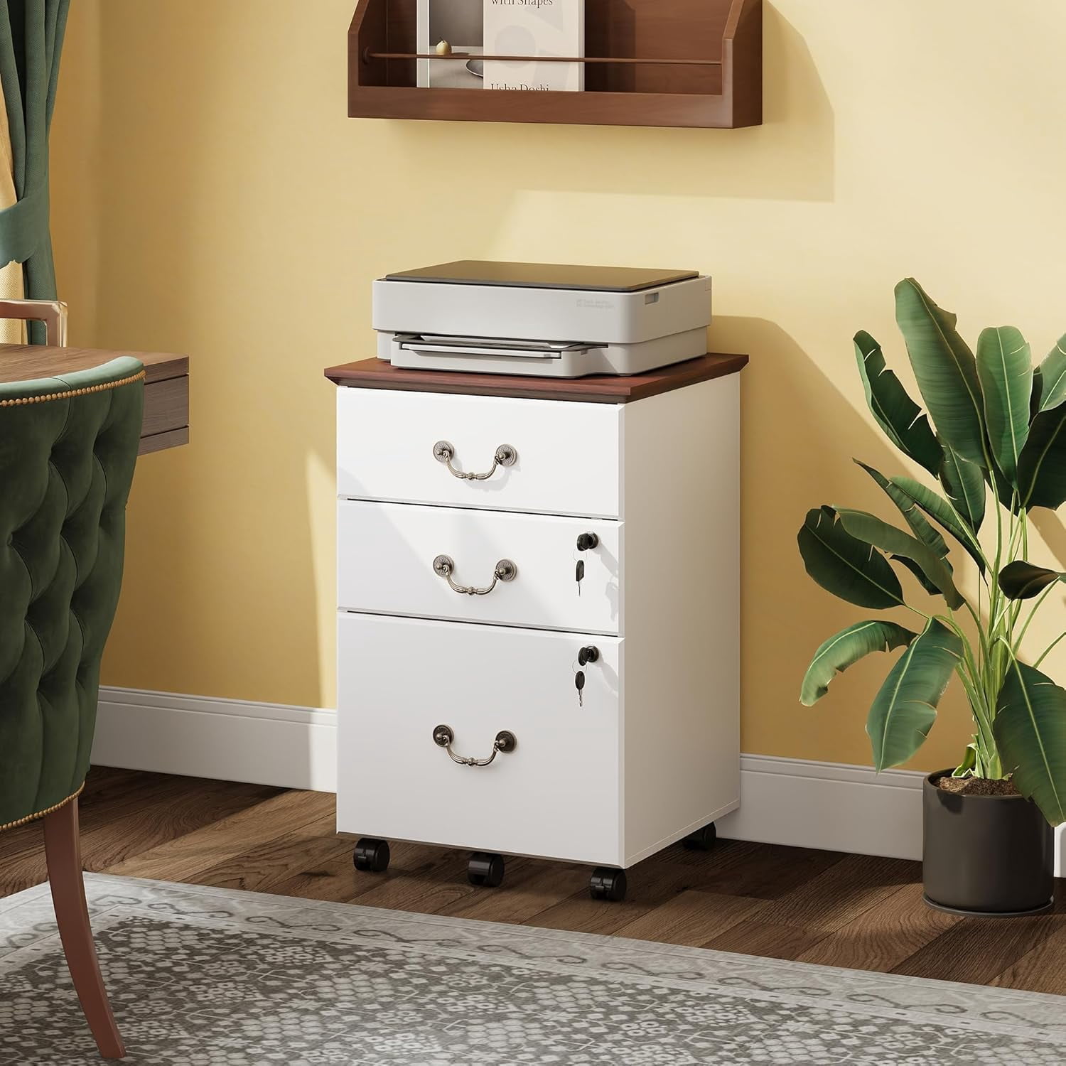 File Cabinet 3-Drawer, Small Office Furniture with Lock, Rolling Under Desk Filing Cabinet for Home Office, White