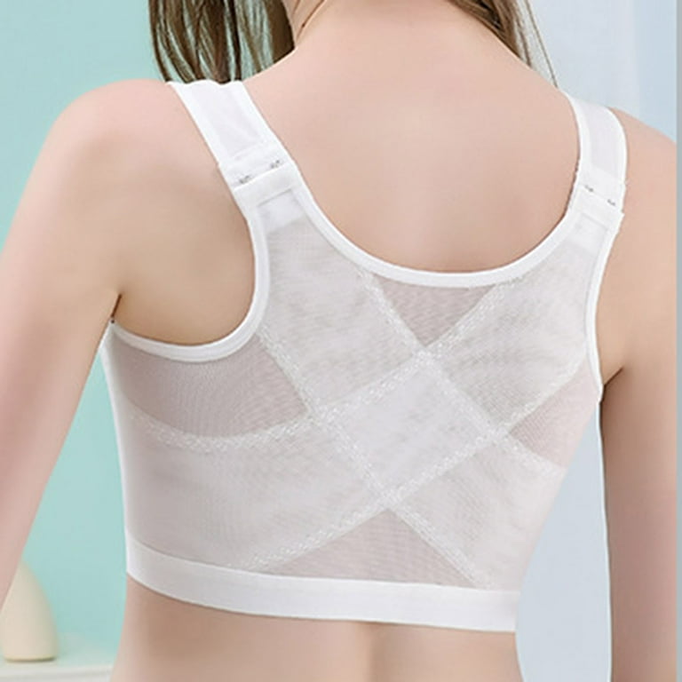 CLZOUD Full Figure Bras for Women Hunchback Shaping Corrective Strap  Underwear Comfortable Front Button Sports Bra with Mesh Straps White L