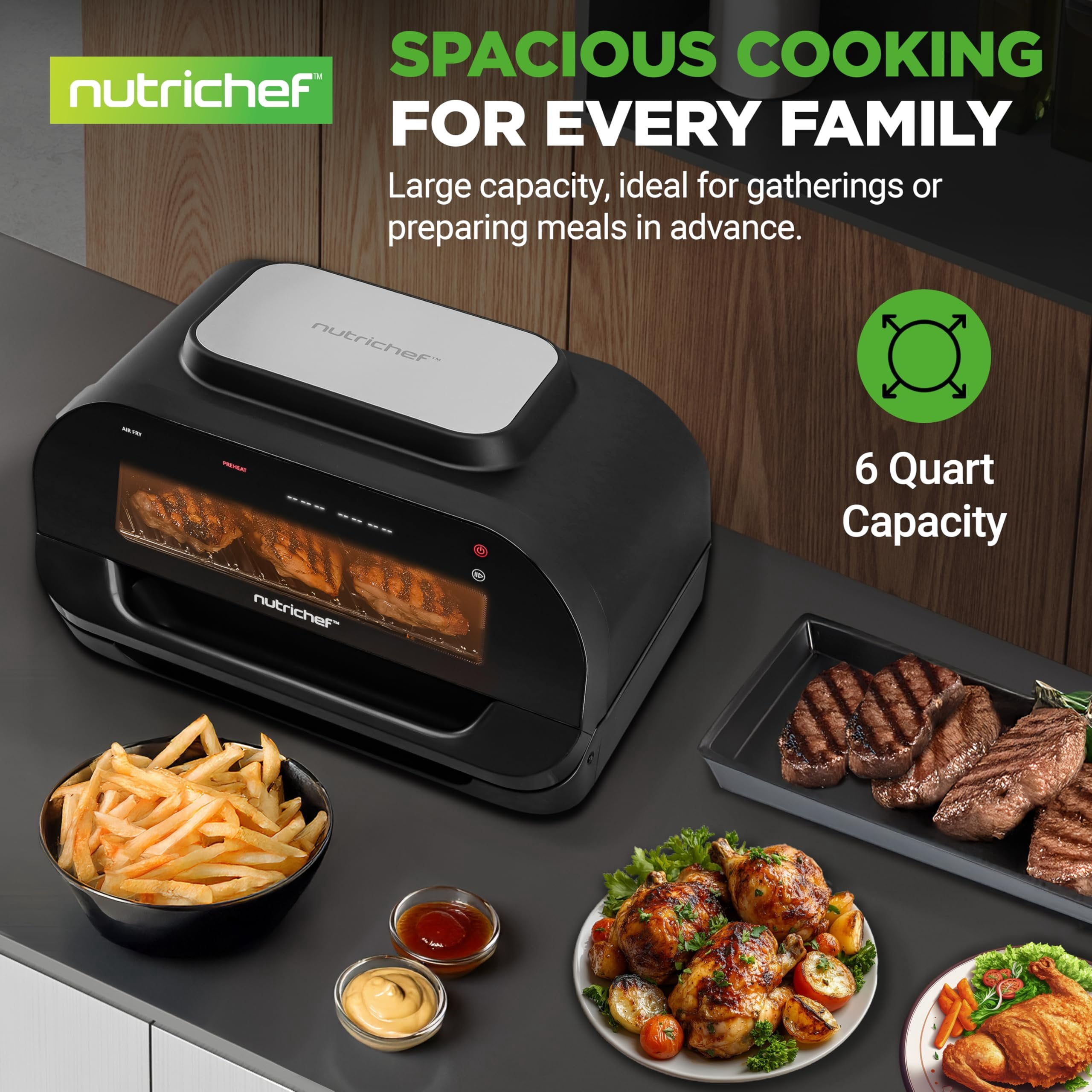 NutriChef Indoor Smokeless Grill Smart Grill & Air Fryer with 7 Cooking Functions 6L Capacity Includes Smart Thermometer Precise Temperature Control Non-Stick Removable Grill Plates