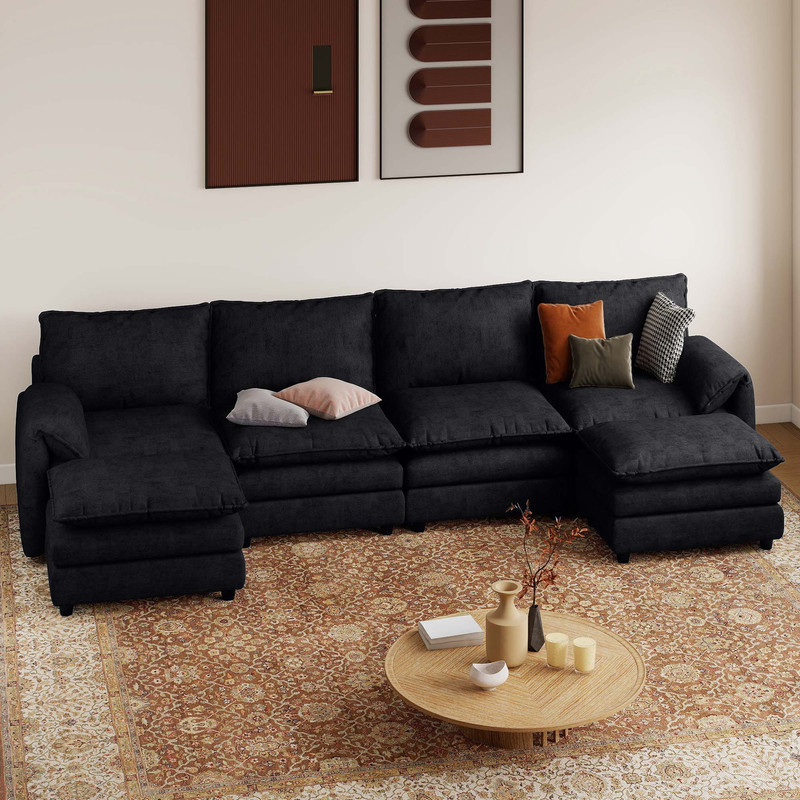 Uforic Sectional Sofa with Ottoman, 142" U Shape Modern 6 Seat Cloud Couch with Pillow-Armrest, Black