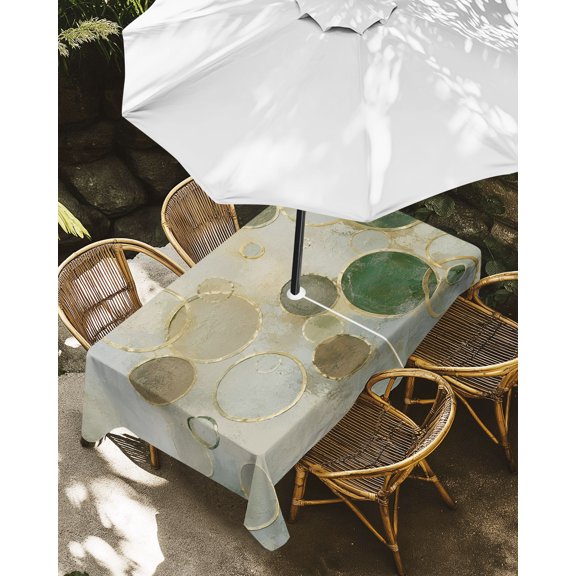 Outdoor Tablecloth with Umbrella Hole, Modern Abstract Circle Art Zippered Table Cloth for Rectangle Tables, Boho Colorful Geometric Pattern Washable Waterproof Tablecloths for Picnic Patio Garden