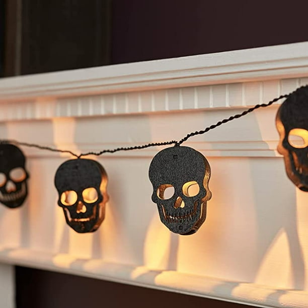 Lights4fun, Inc. 10 Black Wooden Skull Halloween Indoor Battery