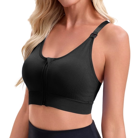 Women's Y‑back Front‑zip Sports Bra, Breathable Adjustable Strap Seamless High Support Workout Bralette Black One Size