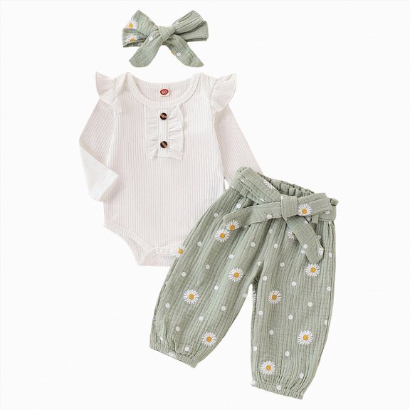 mgoYE Newborn Baby Girl Clothes Ribbed Knit Romper Heart Daisy Print Pants for 0-24M Girl Outfits Infant Baby Girl Clothes(Light Green,3-6 Months)