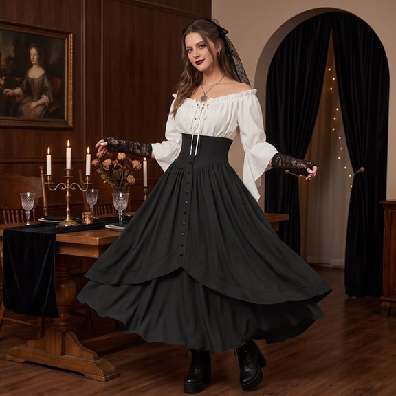 Renaissance Costume Women, Victorian Dress, Women Renaissance Costume Medieval High Waisted Skirt Set | 2 Piece Victorian Set,Off Shoulder Collar,Flared Sleeves,Skirt Length Up to Ankle, Black L