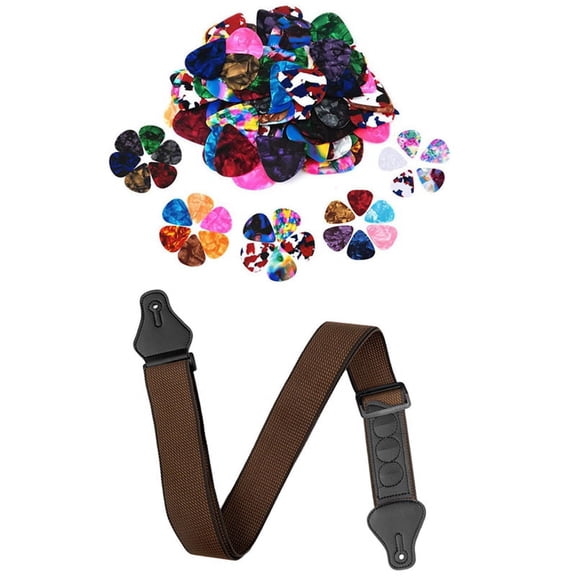 60 Pcs Colorful Guitar Picks, 0.46Mm, 0.71Mm, 0.96Mm & 1Pcs Guitar Strap with 3 Pick Holders for Electric (Coffee)