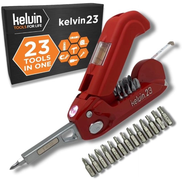 Kelvin Tools Kelvin 23 Urban Multi Tool Screwdriver Set All in One with 16 Bit Set, Tape Measure, Liquid Level, Hammer, Flashlight Multibit Pocket Screwdriver, Universal Precision Screwdriver