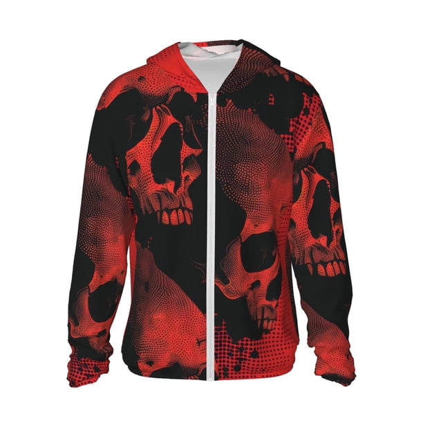 Fotbe Red And Black Abstract Skull Chaqueta con Protección Solar UPF 50+ para Hombre y Mujer, Camisa con Capucha y Bolsillos-Small