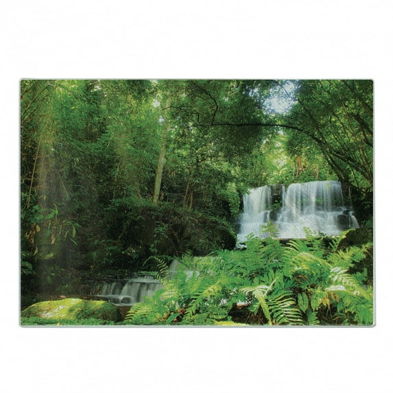 Waterfall Cutting Board, Spring Season Waterfall Hidden in Forest with Botanic Blossoms and Sunshine, Decorative Tempered Glass Cutting and Serving Board, Small Size, Green and White, by Ambesonne