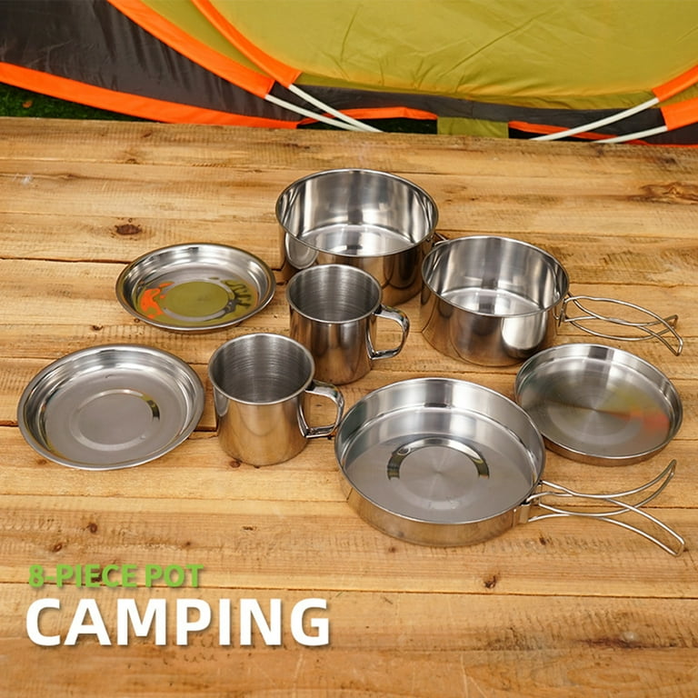 Welling 8Pcs Camping Cookware Mess Kit Non-Stick Rapid Heating  Multifunction 5-6 Persons Collapsible Mini Camping Pot Pan Set for Hiking  Backpacking Picnic 