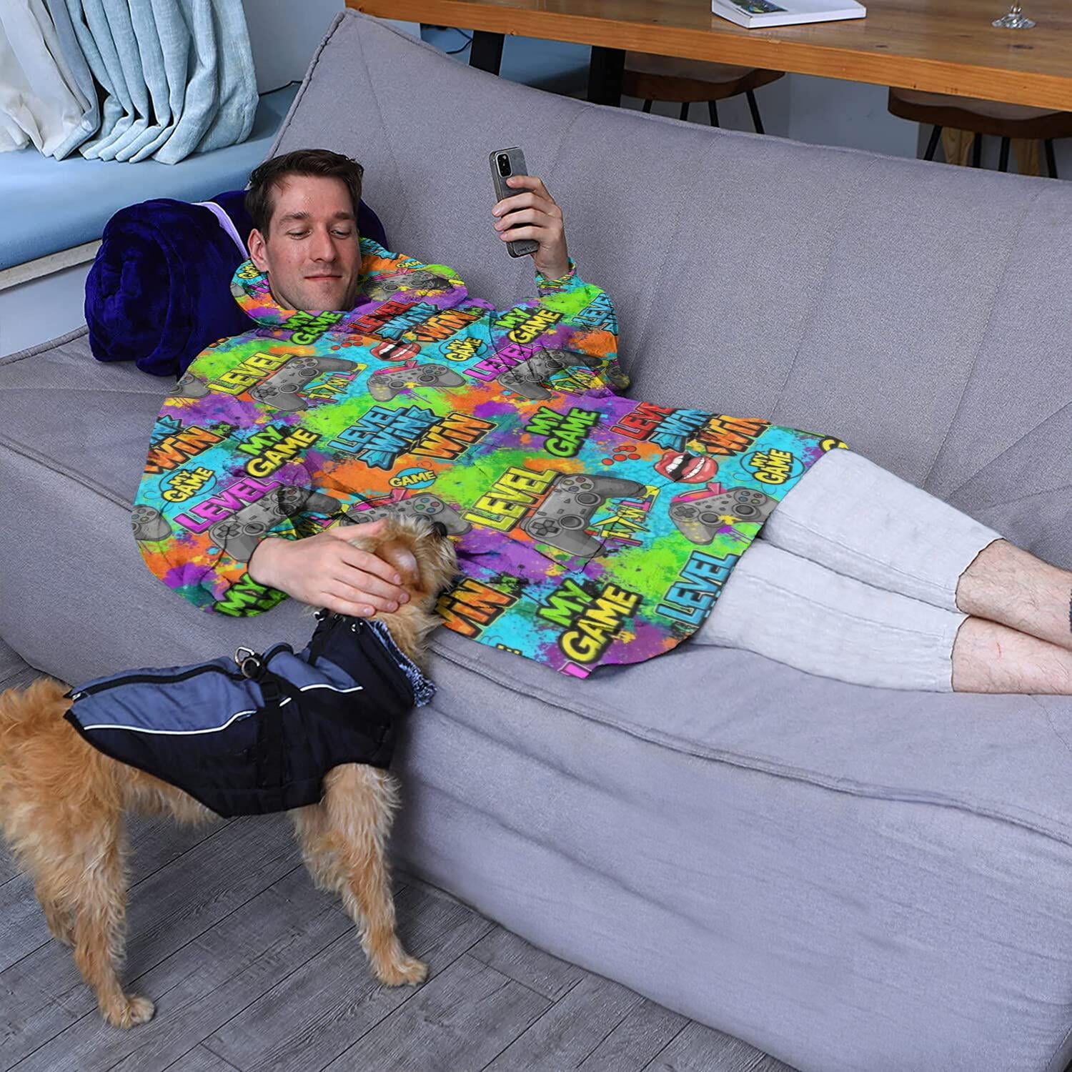 Wearable Oversized Blanket,Multicolor Controllers Games Icons Colorful Pattern Wearable Blanket Hoodie for Adults,Cozy Hooded Blankets with Super Pockets,Super Warm Fuzzy Pullover for Women & Men