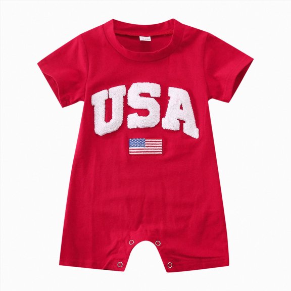 Duqingm 4th of July Baby Outfit Infant Boy Girl Romper USA Embroidery Short-Sleeve Crewneck One-Piece Holiday Outfit Red,3-6 Months