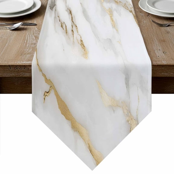Modern White Gold Table Runner Linen Burlap Table Runner 72 Inches Long Abstract Marble Geometric Dresser Scarves for Kitchen Island Coffee Dining Room Party Wedding Banquet Holiday Decor 13"x72"