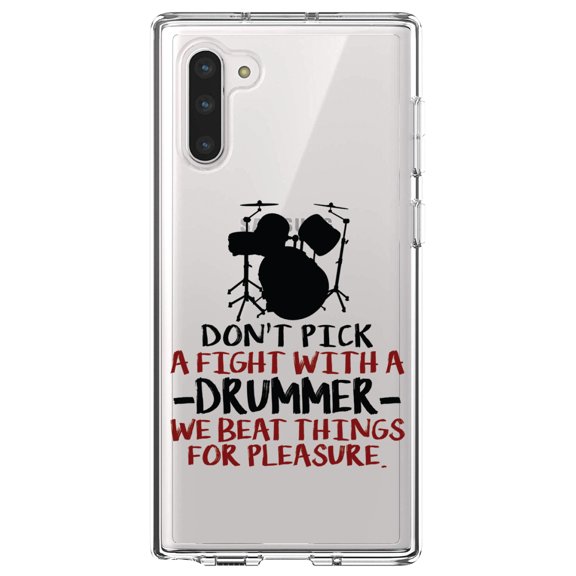 DistinctInk Clear Shockproof Hybrid Case for Samsung Galaxy Note 10 (6.3" Screen) - TPU Bumper Acrylic Back Tempered Glass Screen Protector - Don't Pick Fight with Drummer