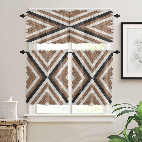 Kitchen Curtains Set, Brown Black Kitchen Curtains and Valances Set, Boho Wooden Modern Geometric Abstract Rod Pocket Tier Curtains 36 Inch Length for Cafe/Bedroom Windows