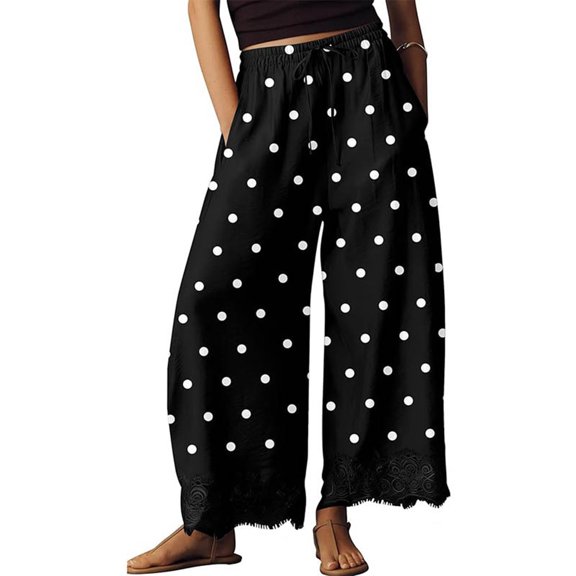Resicozy Womens Lace Trim Wide Leg Pants 2026 Summer Cropped Lace-Hem Pants Casual Polka Dot Pant with Pockets Black L