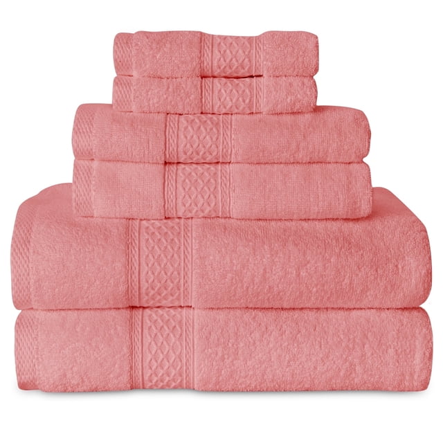 Gogreen Juego de Toallas de Baño de 6 Piezas, 2 Toallas de Baño, 2 Toallas de Mano y 2 Toallitas, Toallas 100% Algodón Muy Absorbentes para Baño, Gimnasio, Hotel (Coral Rosa)