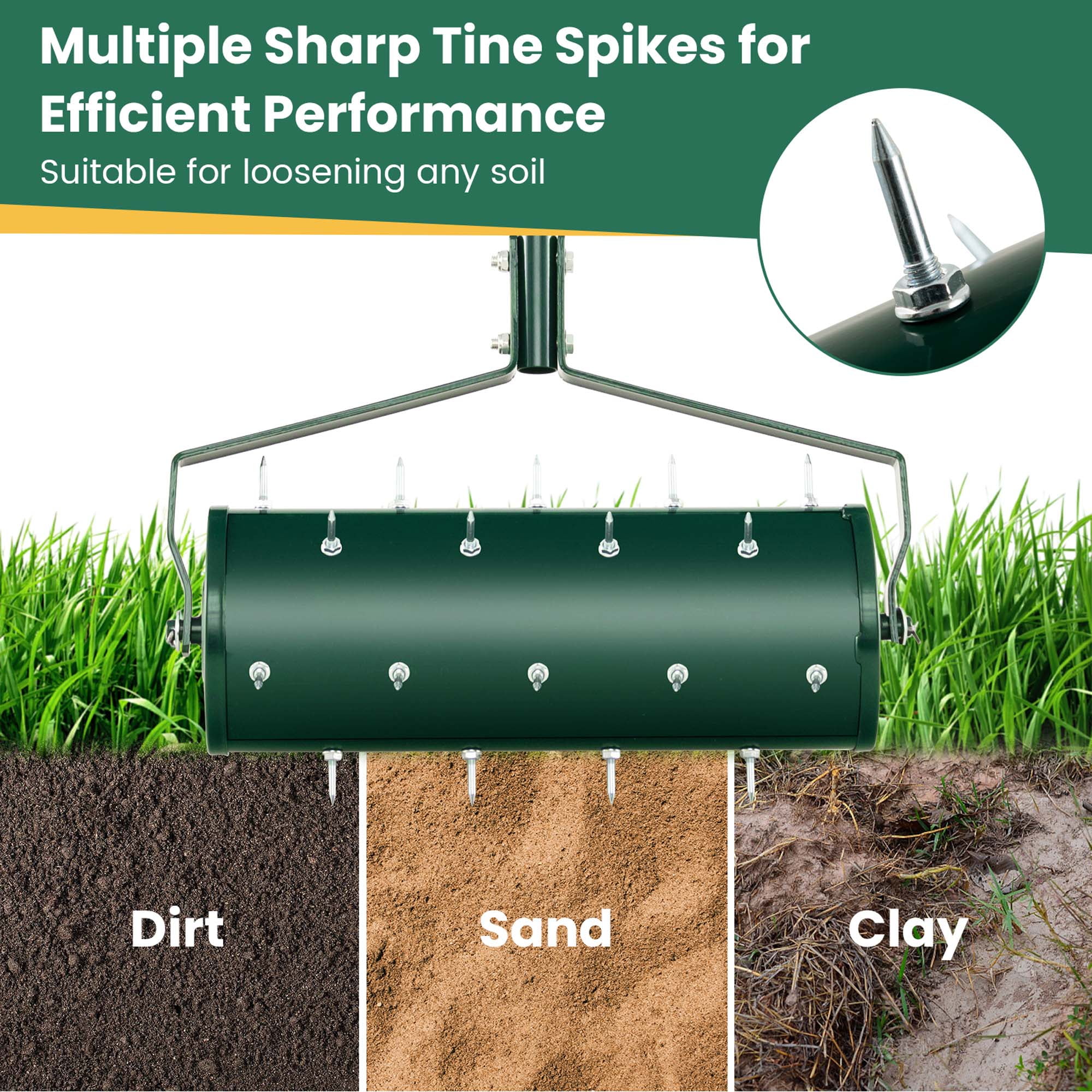 Costway 18" Manual Lawn Aerator Heavy Duty Rolling Push Grass Filled with Sand or Stone Aeration Tool with Handle Green