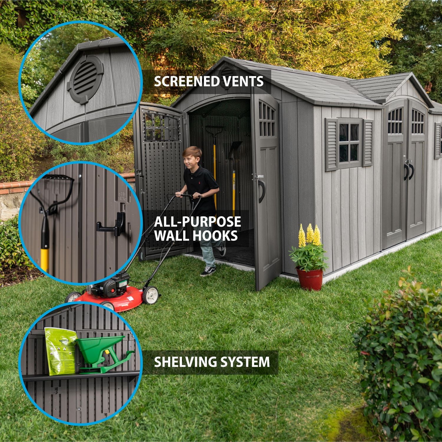 Lifetime Outdoor Storage Shed, 15 ft x 8 ft With Dual Side Entry, Dark Grey Roughcut