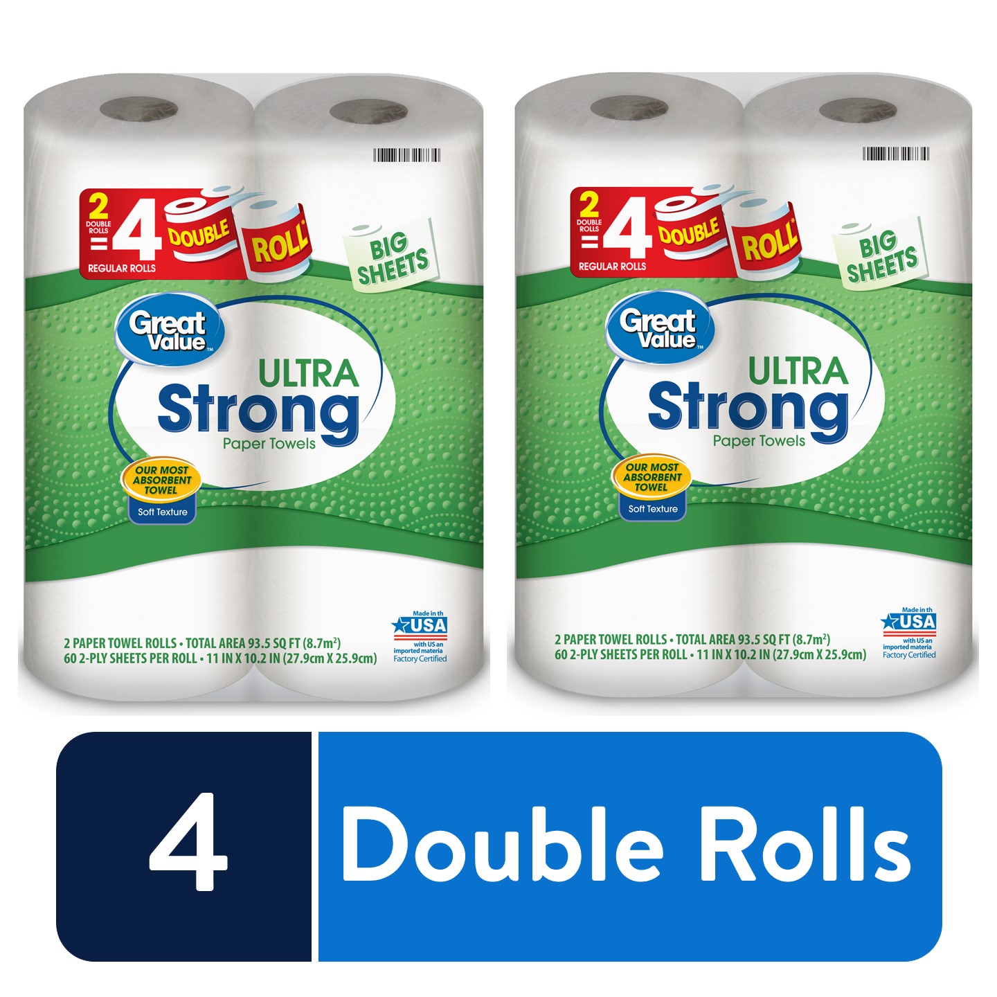 (2 pack) Great Value Ultra Strong Paper Towels, 2 Double Rolls