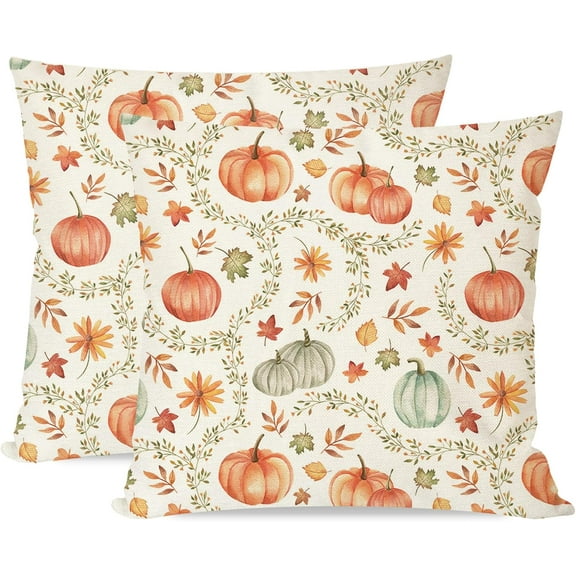 Orange and Green Pumpkin Fall Throw Pillow Covers 18x18 Inch Set of 2 Boho Floral Leaves Outdoor Farmhouse Cottage Autumn Decorations Decorative Throw Pillows Cases for Home Couch Decor