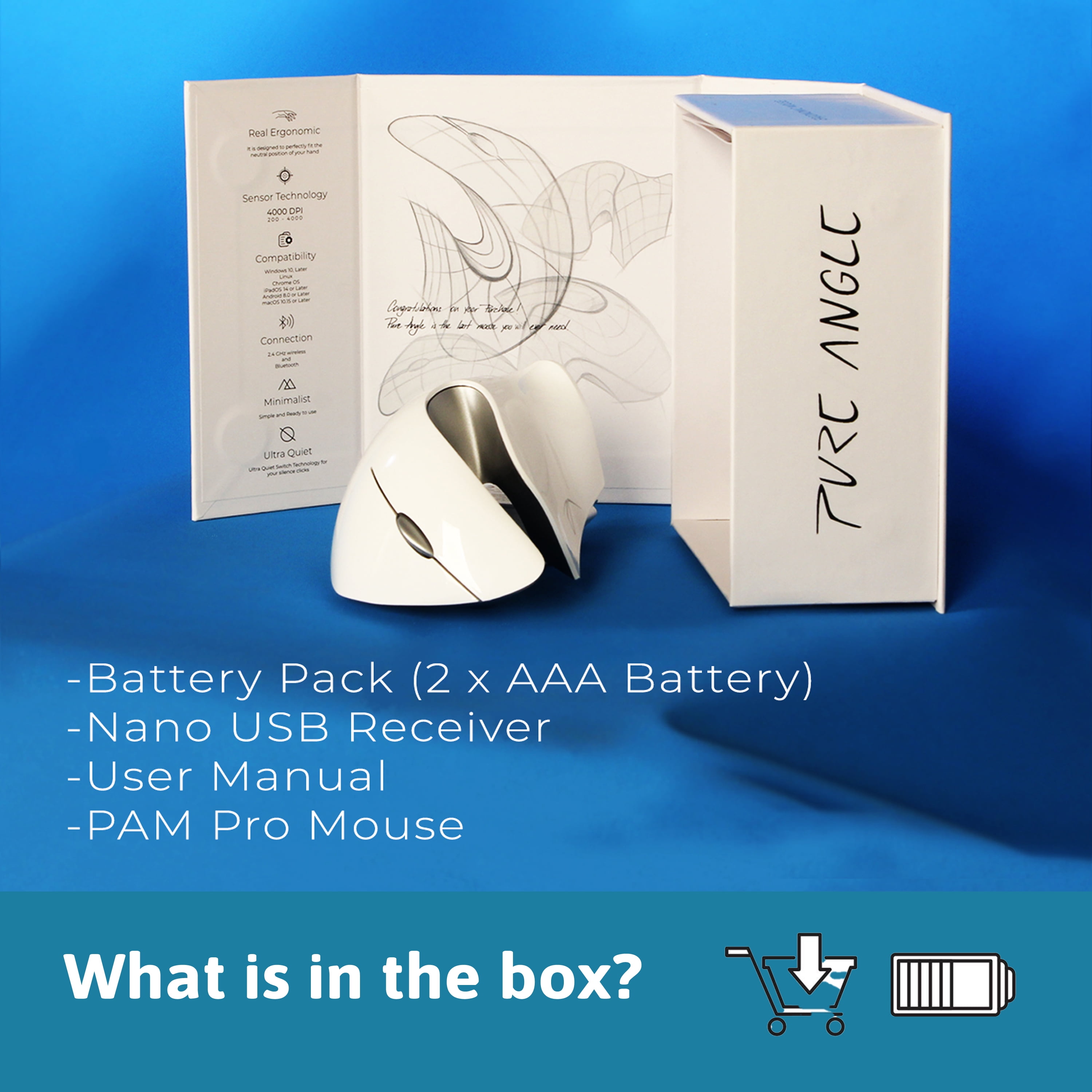 PAM Pro Advanced Ergonomic Mouse Clinically Tested Reduces Muscle Strain, Wireless USB , Bluetooth, 4K DPI, Quiet Clicks, Easy Switch, Silent Smartwheel, Windows/ Mac/ Chrome/ Linux/ Android, White