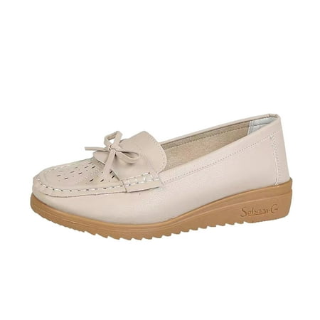 

DVKOVI Non Slip Shoes Women Loafers for Women Flats for Women Dressy Comfortable Ladies Fashion Solid Color Breathable Hollow Leather Bow Decorated Flat Casual Single Shoe Beige 39