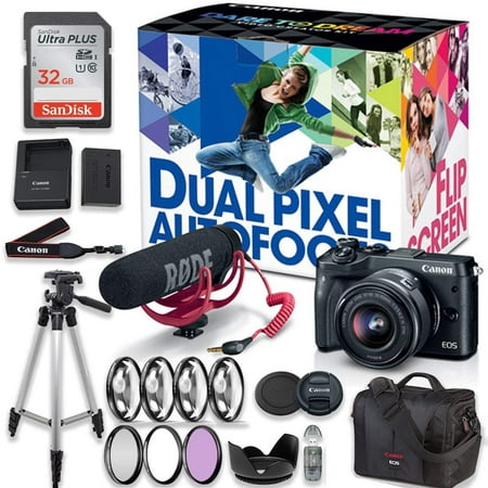 Canon EOS M6 Video Creator Kit (Black) with Canon EF-M 15-45mm f/3.5-6.3 IS STM Lens and Rode Video Go Microphone + Canon EOS Bag + 32GB SanDisk Memory Card + Accessory (Best Business Card Creator App)
