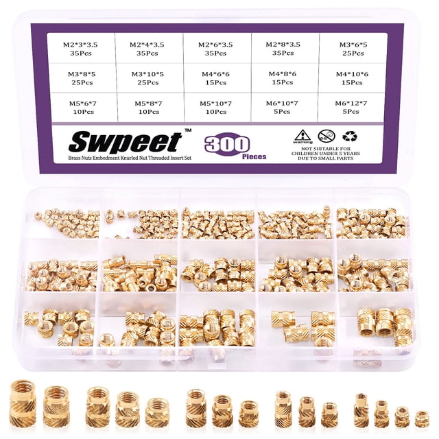 Swpeet 300Pcs 5 Values M2 M3 M4 M5 M6 Female Thread Knurled Nuts Brass Threaded Insert Embedment Nuts Hydraulic Welded Joint Injection Molding Assort