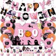 thumbnail image 2 of Pink Halloween theme party decoration skull balloon pumpkin banner pull flag cake card set, 2 of 5