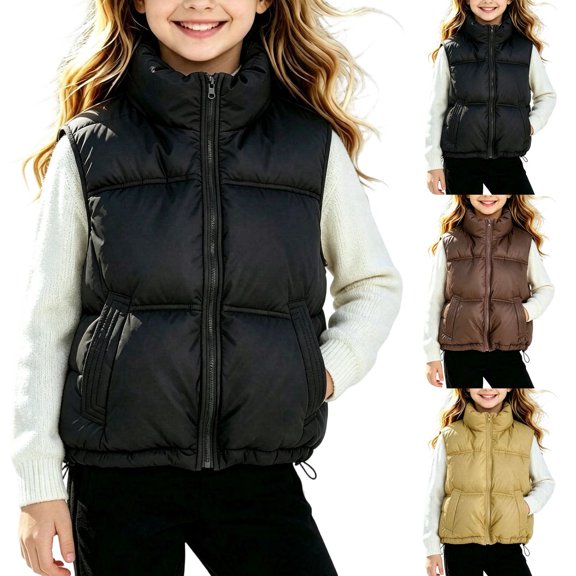 Spazoro Girls Lightweight Puffer Vest with Pockets, Drawstring Hem Full Zip Stand Collar Warm Quilted Sleeveless Outerwear Gilet Black Size 3-4T
