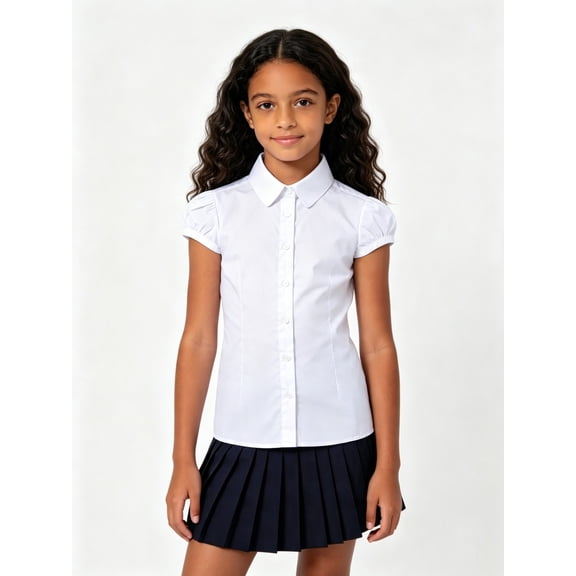 Bienzoe Big Girl's School Uniforms Cotton Short Puff Sleeve Blouse White L