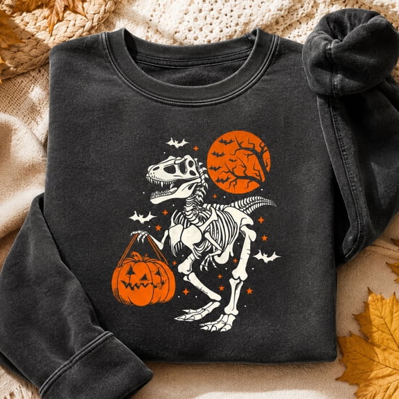 Halloween Shirt, Skeleton T-Rex Trick or Treat Sweatshirt, Spooky Dinosaur Hoodie, Pumpkin Candy T-Shirt, Halloween Gift for Men and Women