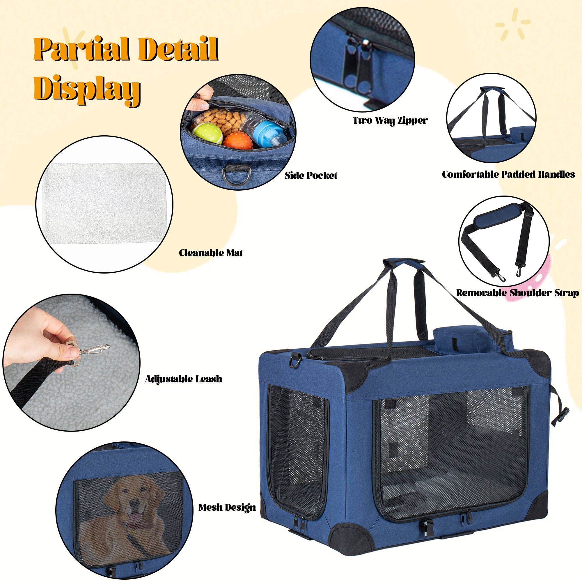 Zephypaws  Portable Dog Crate,36"x25"x25" Collapsible Dog Travel Crate for Medium/Large Dogs with Soft Blanket,Foldable Bowl & Poop Bag Dispenser,Indoor & Outdoor Use,Blue