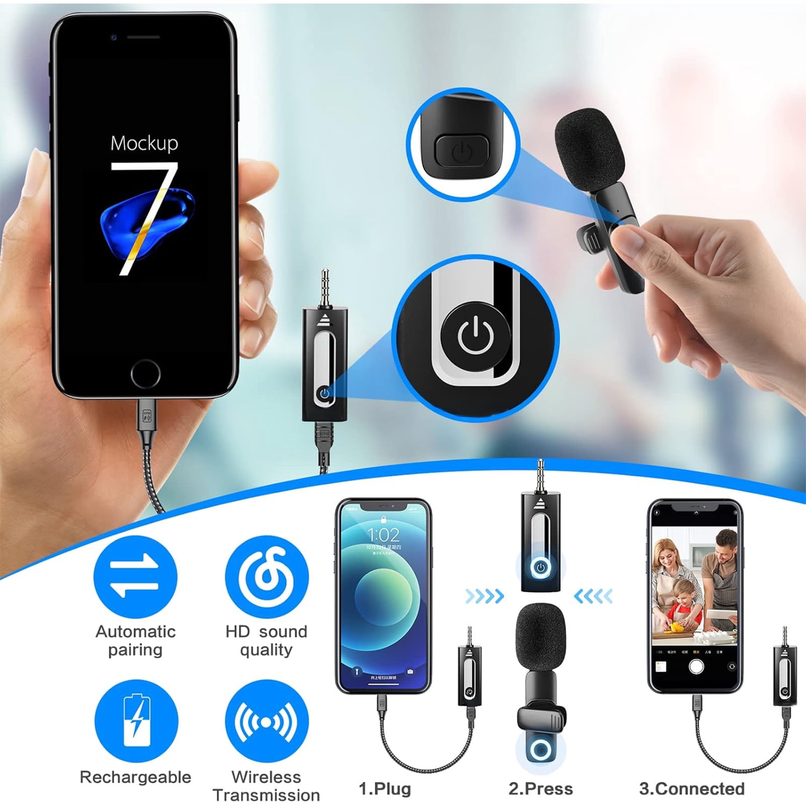 NAVOR Wireless Lavalier Microphone Dual Clip-On for Compatible iPhone Android Camera, Plug & Play Lapel Mic with Noise Reduction, Auto Sync for Interview Vlog Video