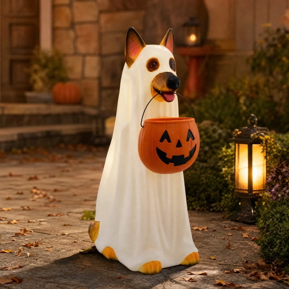 Halloween Light Up Ghost Dog Statue With Pumpkin Candy Bucket, Spooky‑Cute Shepherd Ghost Figurine, Resin Glowing Halloween Ornament for Indoor Outdoor Yard Porch Tabletop Party Decor
