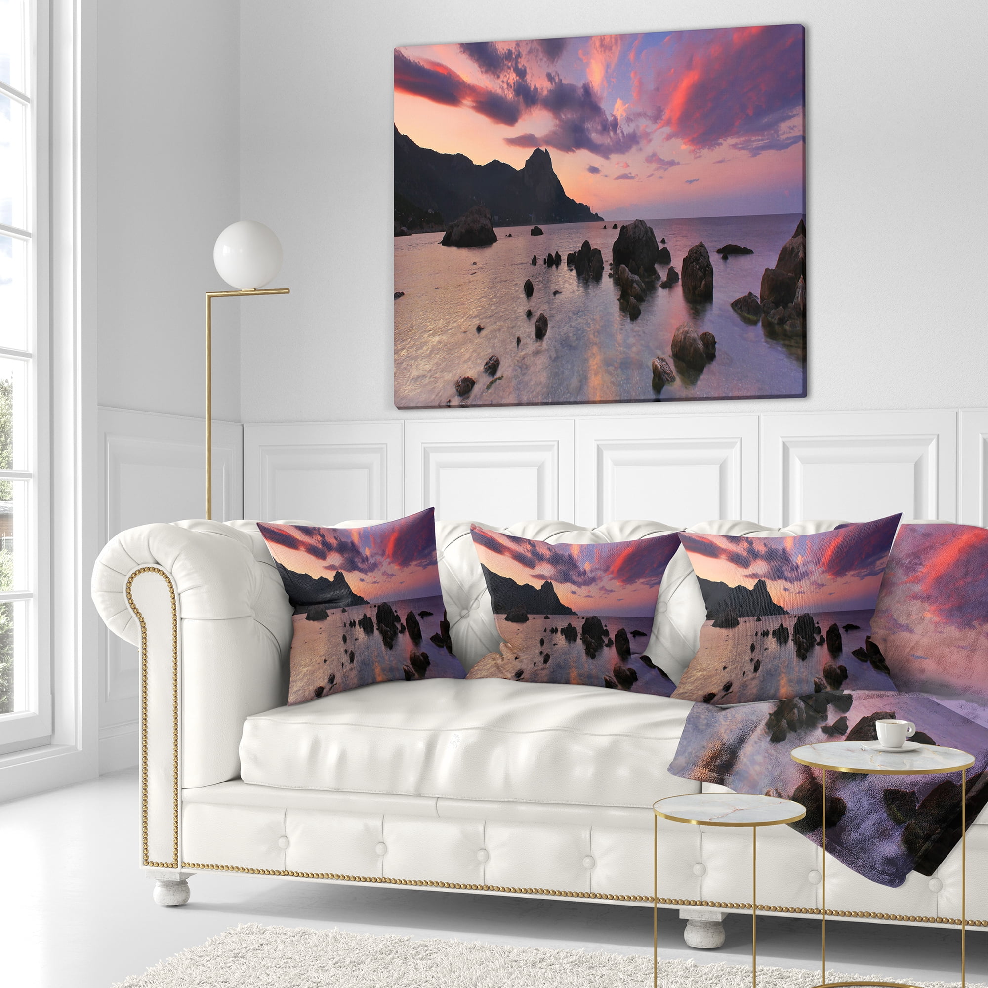 Designart Rocky Colorful Beach Panorama - Modern Seashore Throw Pillow - 16x16