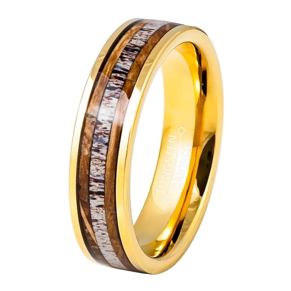 Jewelry Avalanche Deer Antler Inlay Mens Wedding Band, Gold Tungsten Carbide, Engagement Ring 6MM