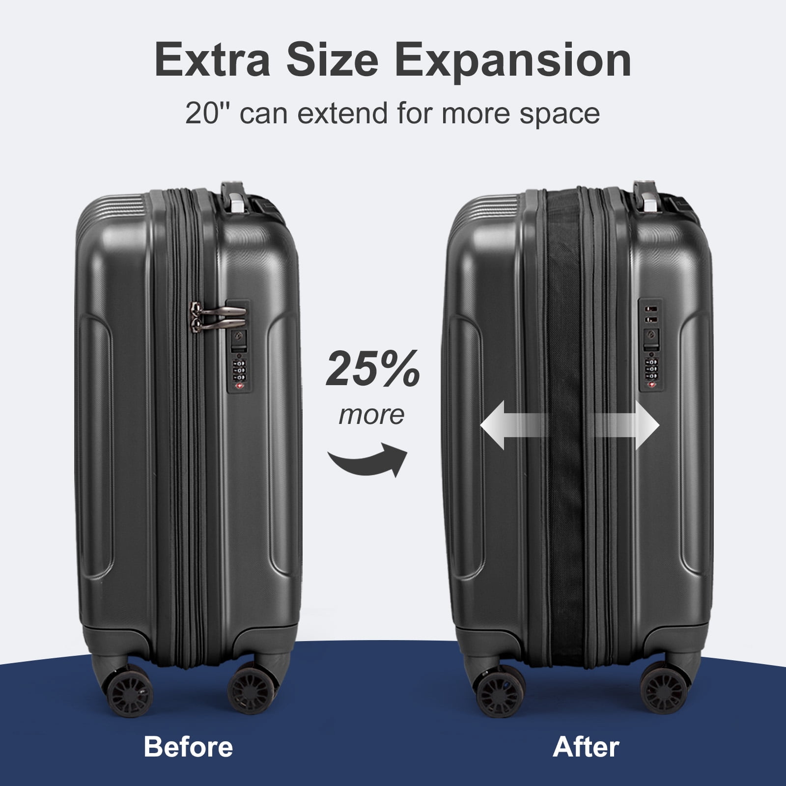 Zimtown 2 Piece Luggage Set, 20" Carry-On Expandble ABS+PC Luggage Hardside Lightweight Suitcase, 14" Mini Cosmetic Cases, Black